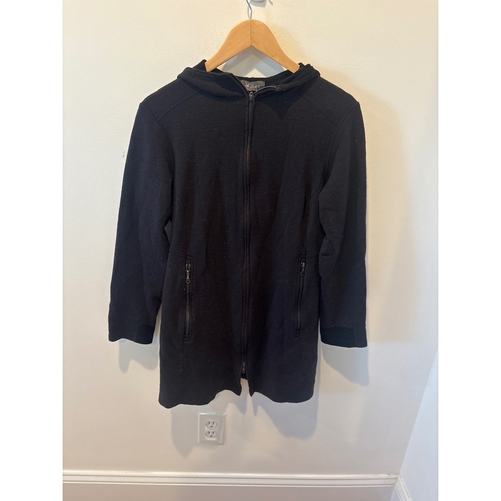 Ibex Black Merino Wool Full Zip Longline Hoodie Jacket Womens Medium